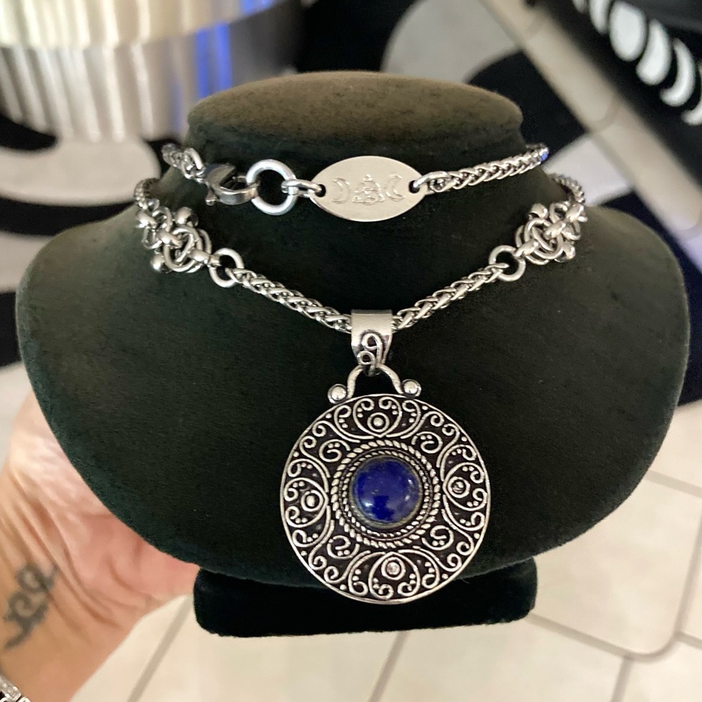 925 sterling silver overlay blue lapis round charm gemstone boho Celtic necklace